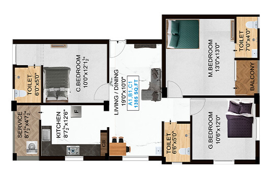 Nest Noble II 3 BHK 1385 Sqft