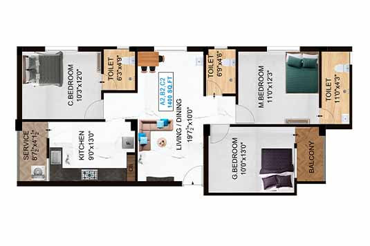 Nest Noble II 3 BHK 1400 Sqft