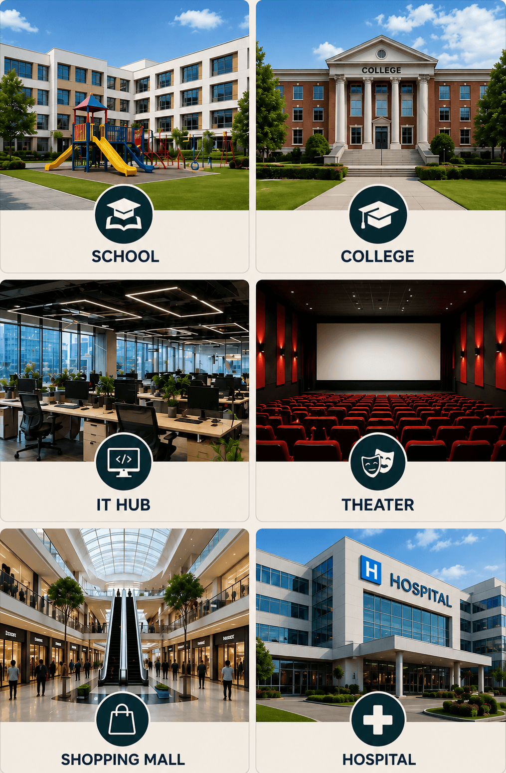 Illustrated location categories including education, IT hubs, hospitals and shopping